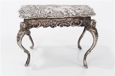 Lot 2726 - 19th century Belgian miniature silver embossed table, in the Rococo style, 6cm wide