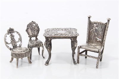 Lot 2729 - 19th century Dutch silver table, in the Rococo style, 930 and other marks, import marks, raised on four cabriole legs, 4cm high, together with three various 18th / 19th century Continental miniatur...