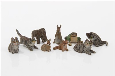 Lot 2735 - Collection of rare miniature cold painted bronze animals, including a family of four cats, an elephant, two rabbits fox and a frog, elephant approximately 1cm long. (9)