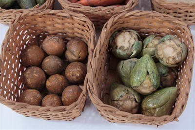 Lot 3775 - Collection of antique miniature painted ceramic vegetables, carrots, cauliflowers etc, presented in woven baskets