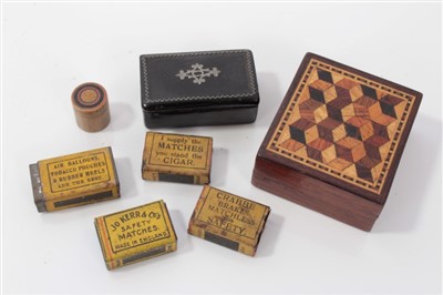 Lot 2745 - 19th century Tunbridgeware miniature box and cover, with tumbling box inlay, 4cm wide, together with a miniature papier mâché snuff box and group of miniature metal match boxes