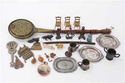 Lot 2746 - Group of novelty antique miniature dolls house pieces, including Samurai sword, bed pan, chamber stick, purses, silver plated trays and other items