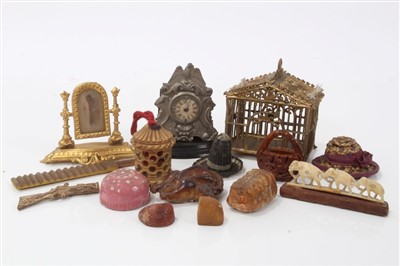 Lot 2749 - Antique dolls house furnishings including bird cage, mangling board, mantel clock., easel mirror, papier mâché turkey, other items