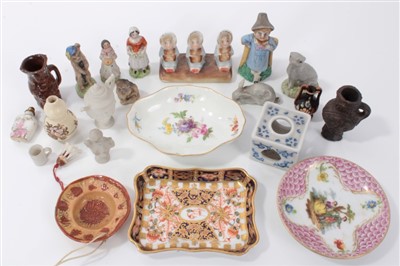 Lot 2754 - Miniature Meissen porcelain tray, Crown Derby tray, Dresden hand painted miniature dish, miniature slip ware style dish, small group of unusual dolls house ceramic jugs and figurines.