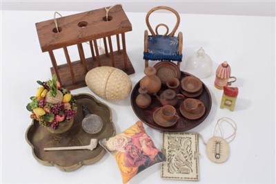 Lot 2759 - Group of miniature dolls house furnishings, brass tray, vase of flowers, carved ivory egg housing miniature tea set, miniature thermometer   and other items