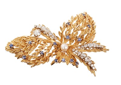 Lot 411 - Gold and diamond and sapphire floral spray brooch