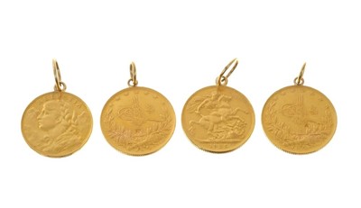 Lot 421 - George V gold Full Sovereign 1923 with pendant fitting and three other gold coin pendants.