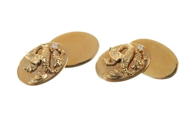 Lot 527 - Pair of Gentlemens Gold (9ct) Diamond Set Cufflinks with Dragon decoration