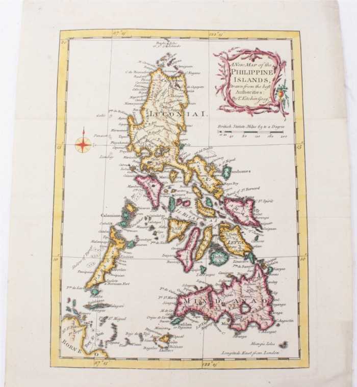 Lot 746 - Thomas Kitchin (1718-1784), hand-coloured map - ‘A new map of the Philippine Islands drawn from the best authorities’, 1760, 24cm x 18cm.