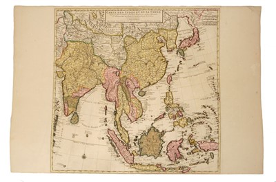 Lot 749 - Guillaume de L’Isle (1675-1726), hand-coloured map - ‘Carte des indes et de la Chine’, ‘Chez Mortier qui vend ausi les grandes cartes de St Sanson.’ 1700 (staining), 62cm x 63cm.