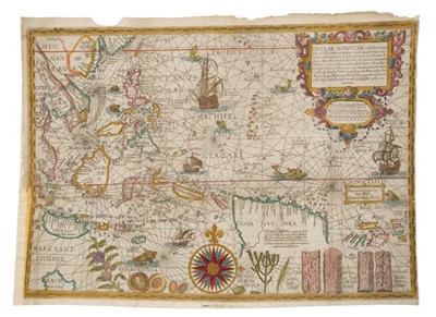 Lot 751 - Jan Huygen Van Linschoten (1563-1610), hand-coloured map - ‘Insulae Moluccae’ 1598, ‘imprinted in London by John Wolfe, graven by Robert Beckit’, 36cm x 52cm