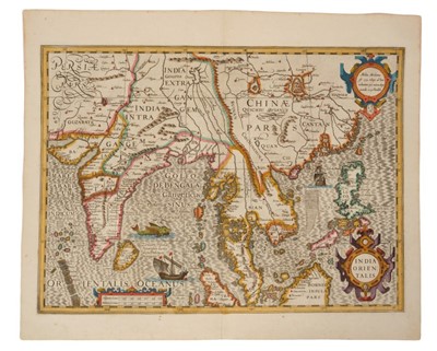 Lot 754 - Gerhard Mercator (1512-1594), hand-coloured map - ‘India Orientalis’ (J. Hondius 1609), French text verso, 36cm x 48cm