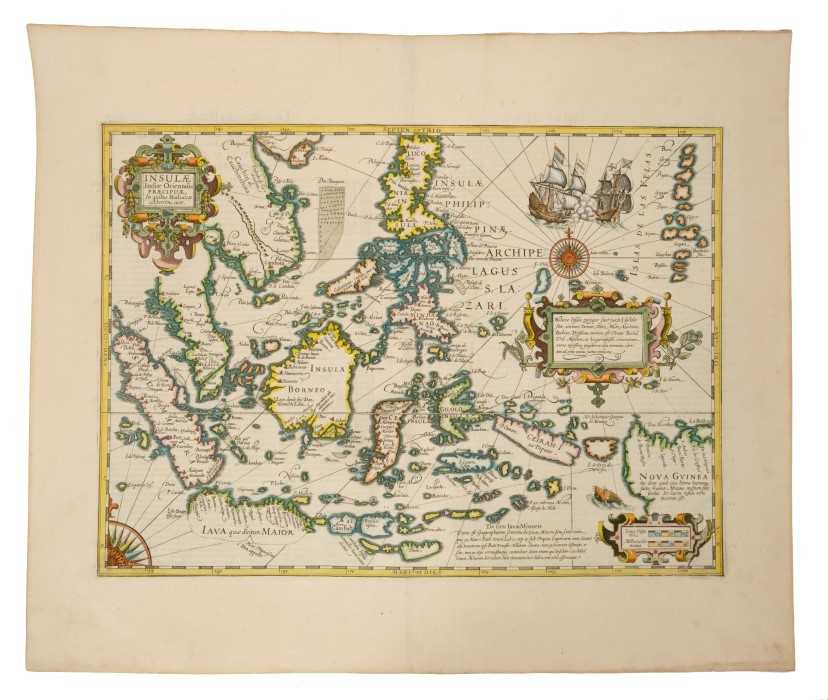 Lot 755 - Gerhard Mercator (1512-1594), hand-coloured map - ‘insulae India Orientalis’ (J. Hondius 1609), French text verso, 35cm x 46cm.