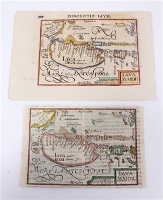 Lot 1005 - Gerhard Mercator (1512-1594), two hand-coloured maps - ‘Java Maior’, one with Latin text verso (Benjamin Wright caelevit), the other English text verso, both 9cm x 13cm.