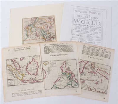 Lot 761 - Robert Morden (d. 1703), three hand-coloured miniature maps - ‘Isles of Sonde’; ‘Philippine Islands’; ‘Molucca Isles’ each with accompanying English text, 1688, 10cm x 13cm, together with ‘Asia’, 1...