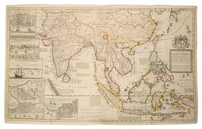 Lot 1011 - Herman Moll (d. 1732), large hand-coloured map -‘A map of East Indies.... to Ye Directors of Ye Hon.ble United East-India Company’, 1717, 62cm x 101cm.