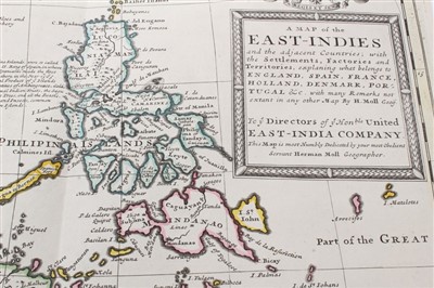 Lot 1011 - Herman Moll (d. 1732), large hand-coloured map -‘A map of East Indies.... to Ye Directors of Ye Hon.ble United East-India Company’, 1717, 62cm x 101cm.