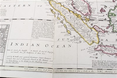 Lot 1011 - Herman Moll (d. 1732), large hand-coloured map -‘A map of East Indies.... to Ye Directors of Ye Hon.ble United East-India Company’, 1717, 62cm x 101cm.