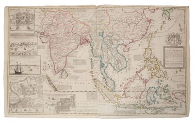 Lot 1012 - Herman Moll (d. 1732), large hand-coloured map - ‘A map of East Indies.... to Ye Directors of Ye Hon.ble United East- India Company’, 1717, 62cm x 101cm.