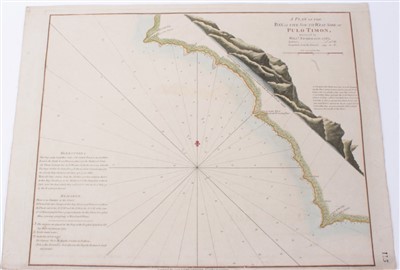 Lot 764 - William Nicholson (Nichelsen), 18th century, hand-coloured chart - ‘A plan of the Bay on the South West Side of Pulo Auore, surveyed by William Nicholson 1763’ published Laurie & Whittle 1794, 45cm...