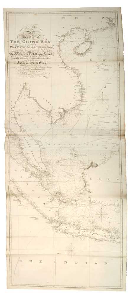 Lot 766 - John William Norie (1722-1843), engraved map - ‘A new chart of The China Sea & East India Archipelago’, published 1821, 154cm x 62cm.