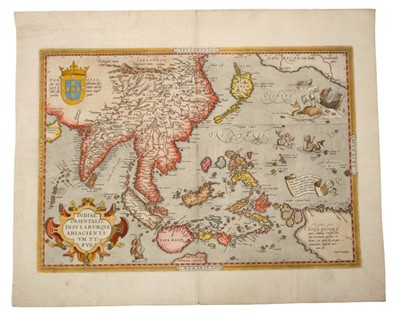 Lot 768 - Abraham Ortelius (1527-1598), hand-coloured map - ‘Indiae Orientalis Insuralarum que Adiacientium Typus’, 1587, French text verso, 35cm x 49cm.