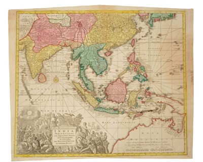 Lot 780 - George Matthaus Seutter (1678-1757), hand-coloured map - ‘India Orientalis cum Adjecentibus Insulis Nova Delineatione’, 1760, 49cm x 57cm.