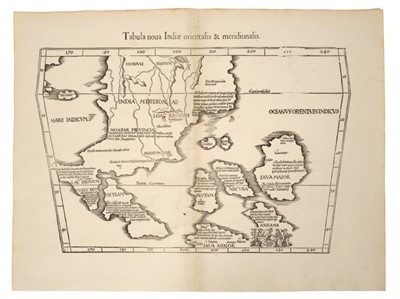 Lot 784 - Gaspar and Melchior Treschel (16th century), two uncoloured woodblock maps - ‘Tabula Inde’; ‘Tabula Nova Indiae Orientalis & Meridionalis’, from Ptolemaei Alexan’ 1541, Latin text verso to the firs...