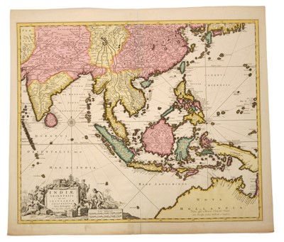 Lot 786 - Nicolas Vischer (1618-1679), hand-coloured map - ‘Indiae Orientalis’, after Petrum Schenk, 1690, 47cm x 57cm.