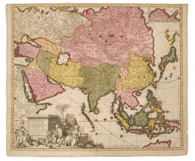 Lot 710 - Carel Allard (1648-1709), hand-coloured map - ‘Exactissima Asiae Delineatio...’ after Nicolas Witsen (trimmed to plate top margin), 50cm x 60cm.