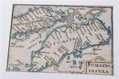 Lot 712 - Petrus Bertius (1565-1629), set of six miniature maps - Malacca; Sumatra Insula; Molucca Insulae; Insulae Philippinae; India Orien; China, Latin text verso, 1609, 9cm x 12cm.