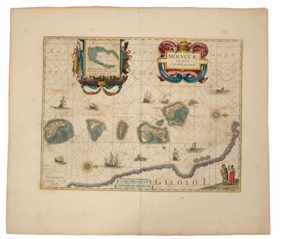 Lot 711 - Guiljelmus Blaeu (1571-1638), hand-coloured map - ‘Moluccae Insulae Celeberrimae’, 1630, Dutch text verso, 38cm x 48cm.