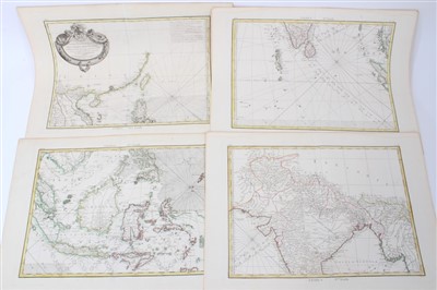 Lot 960 - Rigobert Bonne (1727-1795), hand-coloured chart - ‘Carte Des Hydro-Geographique Des Indes Orientales’, dated 1771, in four parts, each plate 30cm x 40cm.