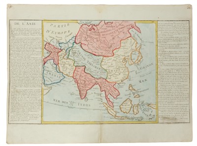 Lot 723 - Henry Abraham Chatelain (1684 -1743), hand-coloured map - ‘De L’ Asie’, 1719, flanking text panels, 33cm x 57cm.