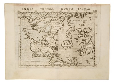 Lot 732 - Giacomo Gastaldi (c. 1500-1540), engraved map - ‘India Tercera Nvova Tavola’, 1562 (Girolamo Ruscelli’s Geographia), Latin text verso, 20cm x 26cm.