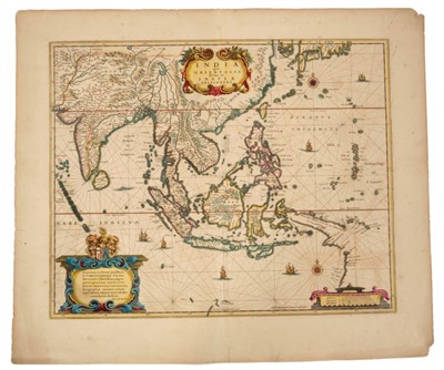 Lot 734 - Henricus Hondius (1597-1651), hand-coloured map - ‘India quae Orientalis dicitur et Insulae Adiacentes’, 1636, 39cm x 49cm