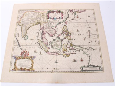 Lot 975 - Henricus Hondius (1597-1651), hand-coloured map - ‘India Orientalis ..Insulae Adiacentes’, 1638, French text verso, 39cm x 49cm.