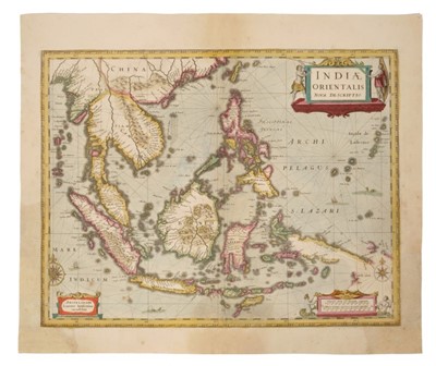 Lot 736 - Jan Jansson (1596-1664), hand-coloured map - ‘Indiae Orientalis Nova de Scriptio’, 1639, French text verso, 39cm x 51cm