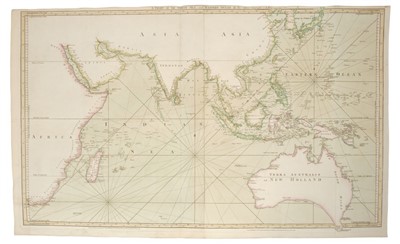 Lot 742 - Thomas Jeffries (c. 1710-1771), hand-coloured chart - ‘A Chart of The Indian Seas’, 1780, featuring an early depiction of Terra Australis, 60cm x 102cm