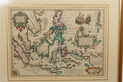 Lot 704 - Gerhard Mercator (1512-1594), hand-coloured map - ‘Insulae India Orientalis Praecipuae’ (J.Hondius 1609), French text verso, 35cm x 46cm, framed.