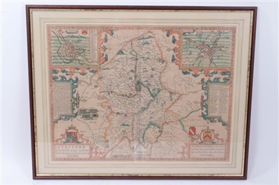 Lot 1057 - John Speed (1552-1629), hand-coloured map - ‘Stafford Countie and Towne’, sold by Thomas Bassett, 39cm x 51cm, framed.