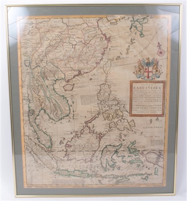 Lot 705 - Herman Moll (d. 1732), hand-coloured map - ‘East Indies (Eastern half of the twin page map 40), 61cm x 50cm, framed.