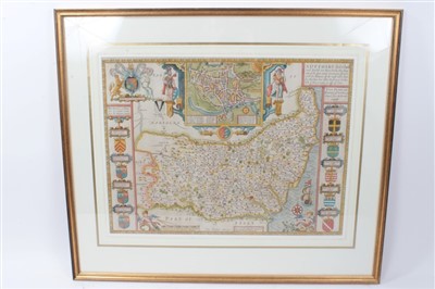 Lot 701 - John Speed (1552-1629), hand-coloured map - ‘Suffolke’, sold by Bassett, circa 1610, 39cm x 52cm, framed.