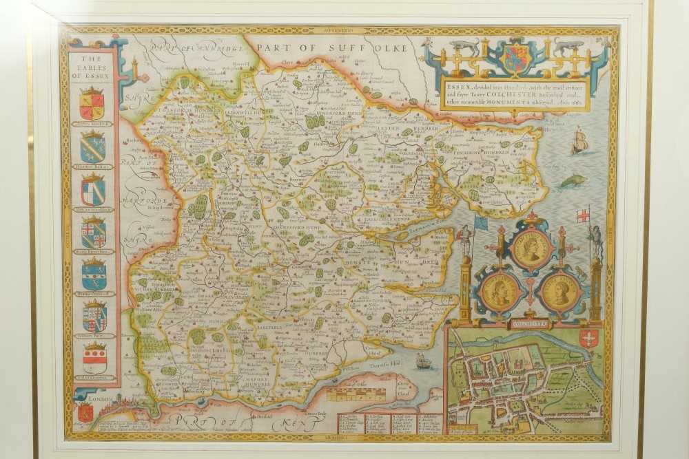 Lot 700 - John Speed (1552-1629), hand-coloured map - ‘Essex’, circa 1610, after John Nordon, sold by Bassett, 39cm x 52cm.