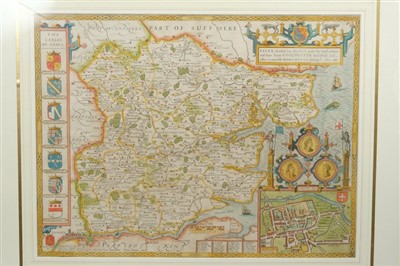 Lot 700 - John Speed (1552-1629), hand-coloured map - ‘Essex’, circa 1610, after John Nordon, sold by Bassett, 39cm x 52cm.