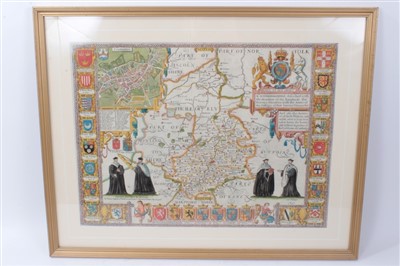 Lot 702 - John Speed (1552-1629), hand-coloured map - ‘Cambridgshire’, published Bassett and Chiswell, 17th century, 39cm x 52cm.