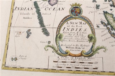 Lot 989 - Edward Wells (1667-1727), hand-coloured map - ‘A New Map of the East Indies’, 1700, 36cm x 50cm (severe staining).