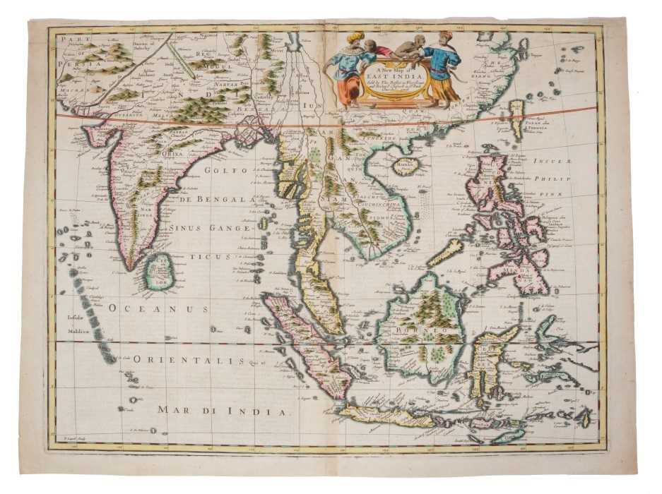 Lot 995 - John Speed (1552-1629), hand-coloured map - ‘A new map of East India’, 1676, English text verso, 39cm x 49cm.