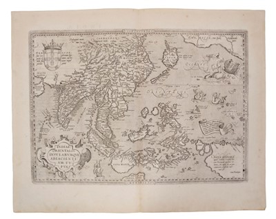 Lot 991 - Abraham Ortelius (1527-1598), engraved map - ‘Indiae Orientalis Insuralarumque Adiacientium Typus’, 1587, Spanish text verso, 35cm x 49cm.