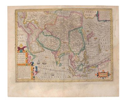 Lot 983 - Jodocus Hondius (1563-1612), hand-coloured map - ‘Asiae Nova Decsriptio Auctore’, 1606, 37cm x 50cm.